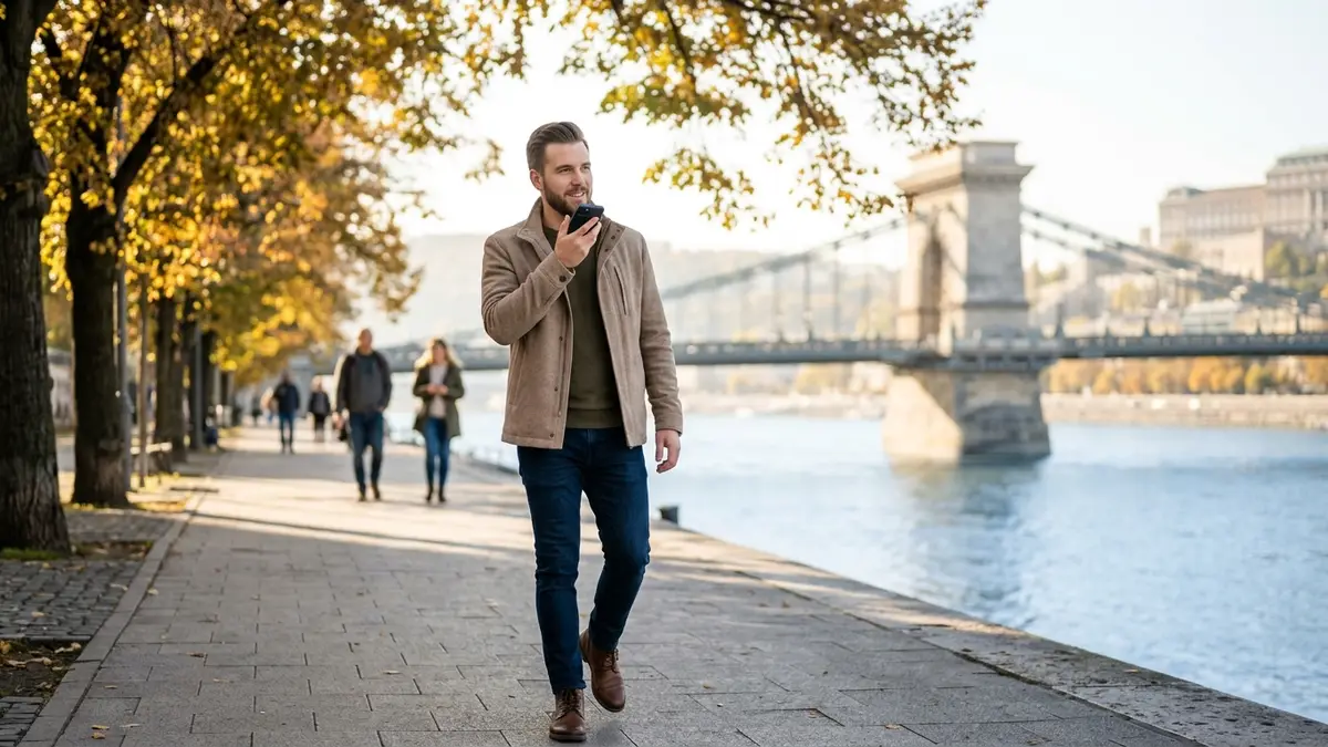 Fiatal férfi sétál egy őszi napon a budapesti Duna-parton, és a telefonjába beszél; a háttérben a folyó és egy híd